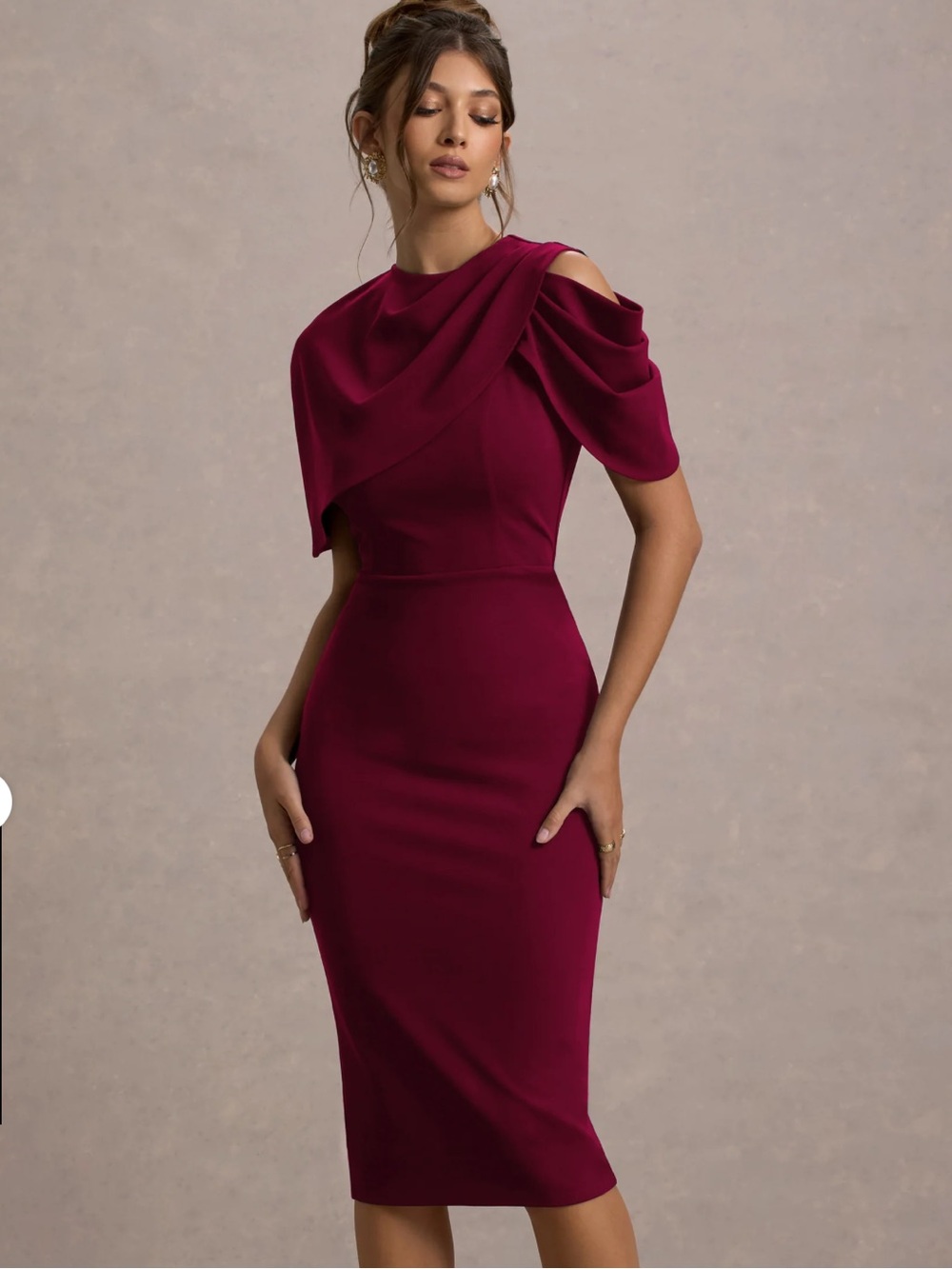 Draped Cold-Shoulder Midi Dress in Burgundy